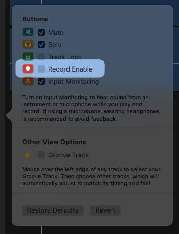 GarageBand record enable checkbox